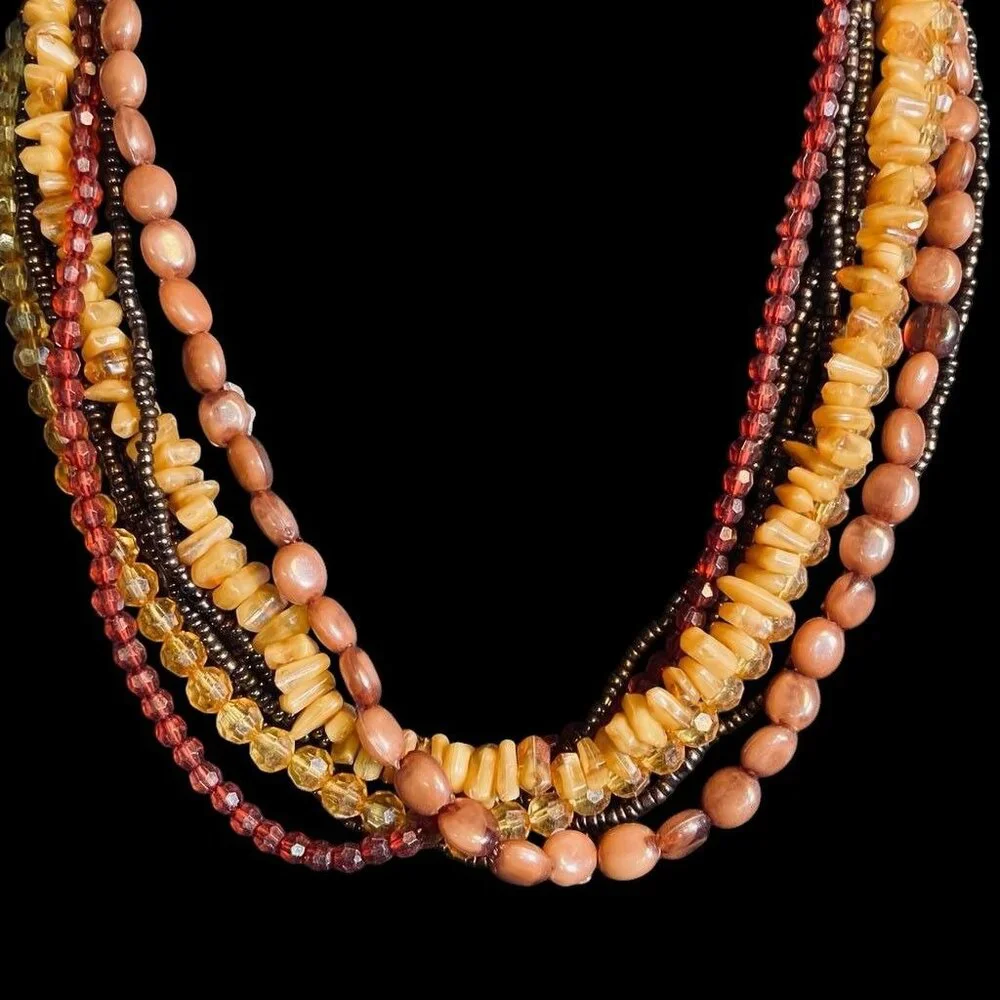 Multistrand Beaded Necklace Boho Earth Tone Layered Natural Stone Seed‎ Beads